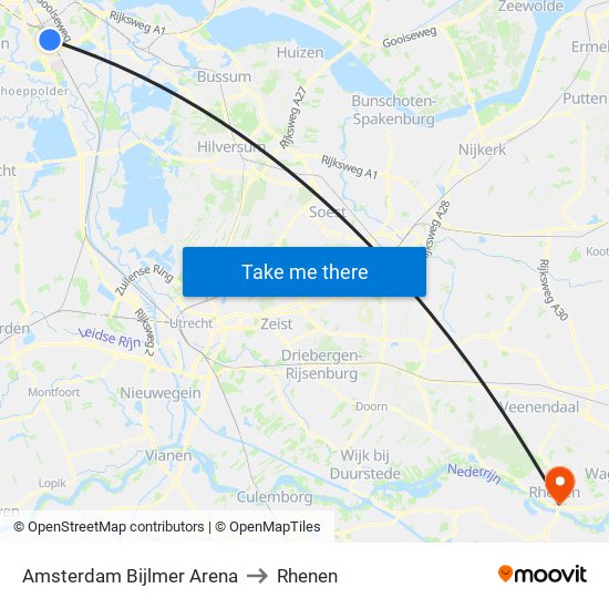 Amsterdam Bijlmer Arena to Rhenen map