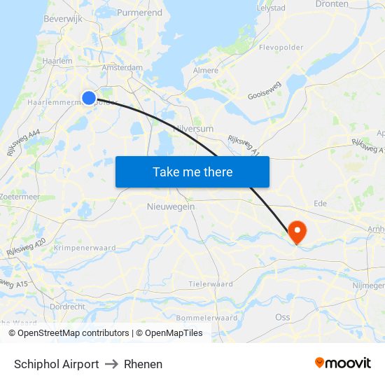 Schiphol Airport to Rhenen map