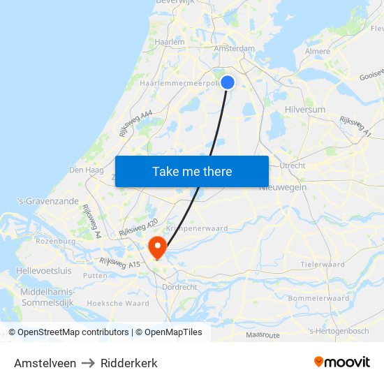 Amstelveen to Ridderkerk map