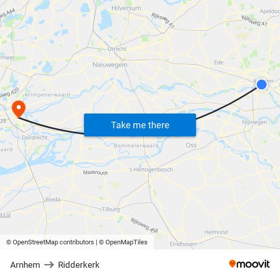 Arnhem to Ridderkerk map