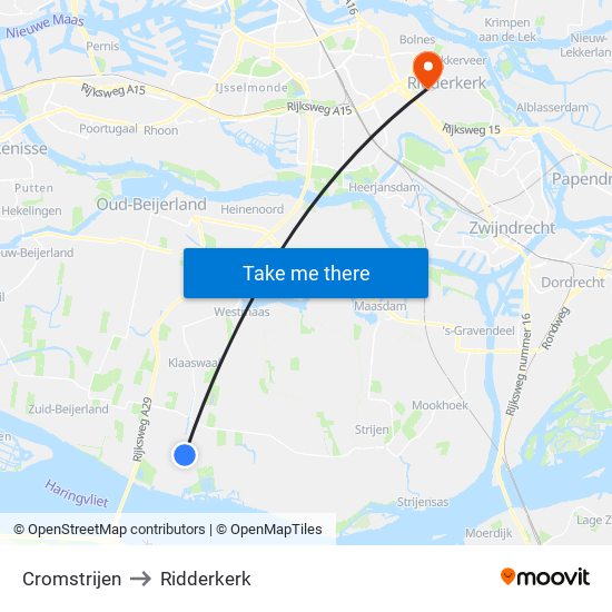 Cromstrijen to Ridderkerk map