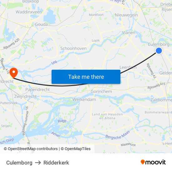 Culemborg to Ridderkerk map