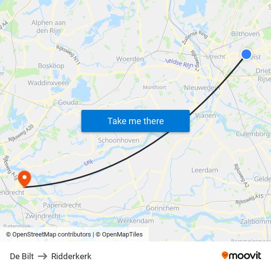 De Bilt to Ridderkerk map