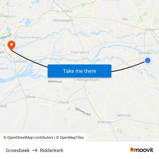 Groesbeek to Ridderkerk map