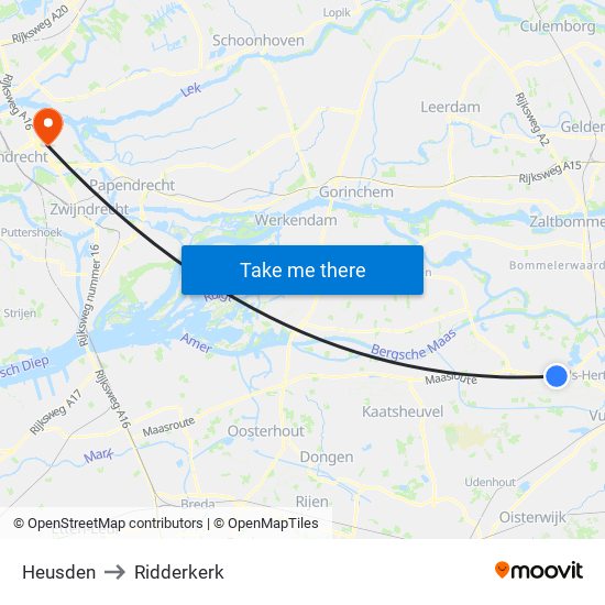 Heusden to Ridderkerk map