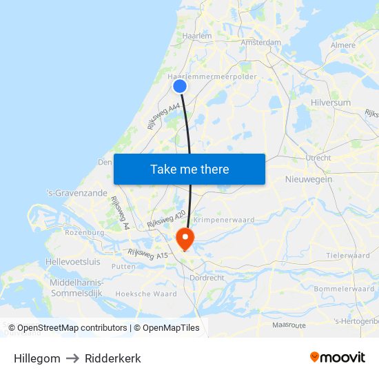 Hillegom to Ridderkerk map