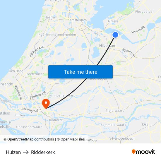 Huizen to Ridderkerk map