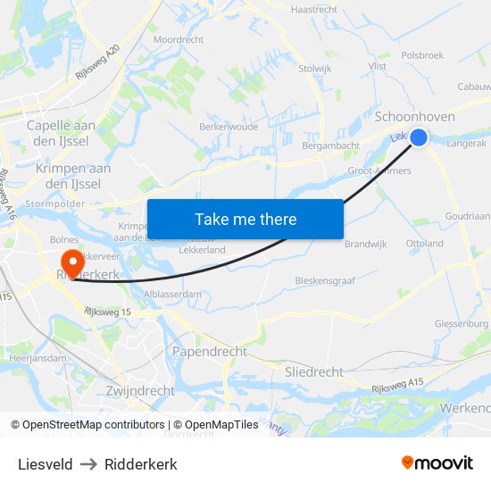 Liesveld to Ridderkerk map
