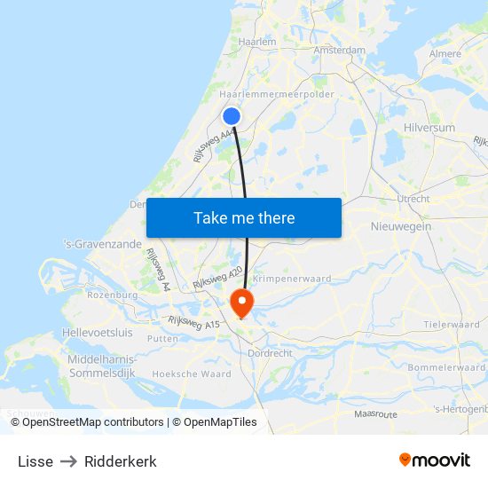 Lisse to Ridderkerk map