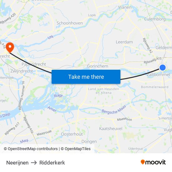 Neerijnen to Ridderkerk map