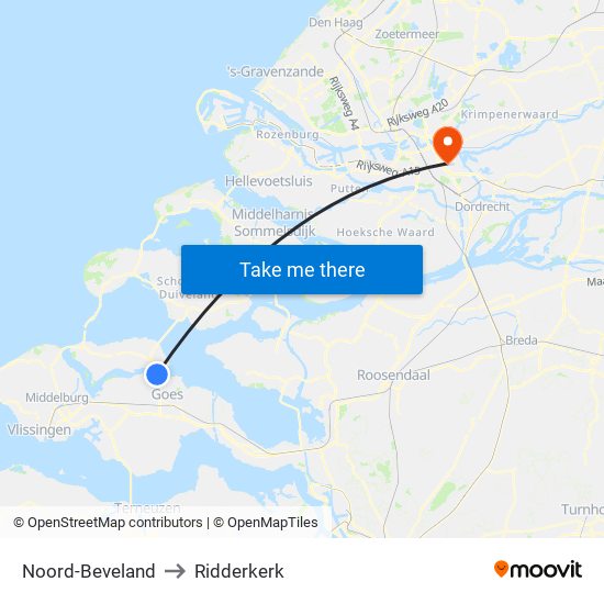 Noord-Beveland to Ridderkerk map