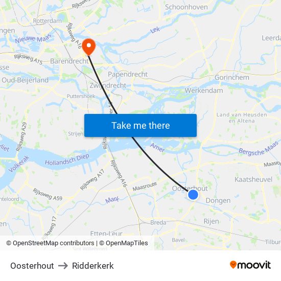 Oosterhout to Ridderkerk map