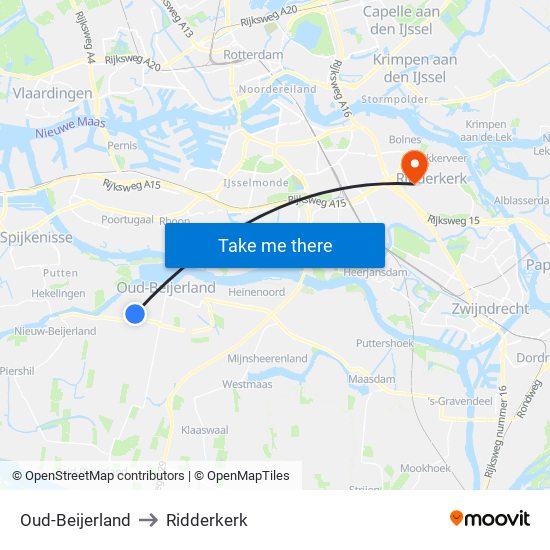 Oud-Beijerland to Ridderkerk map