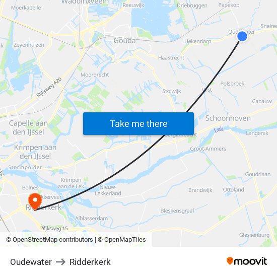 Oudewater to Ridderkerk map