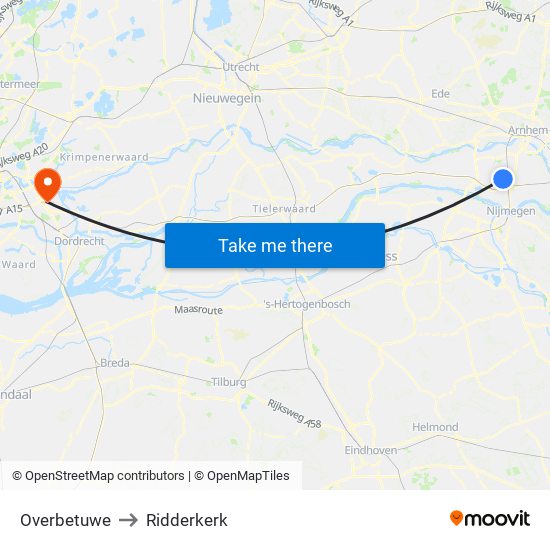 Overbetuwe to Ridderkerk map
