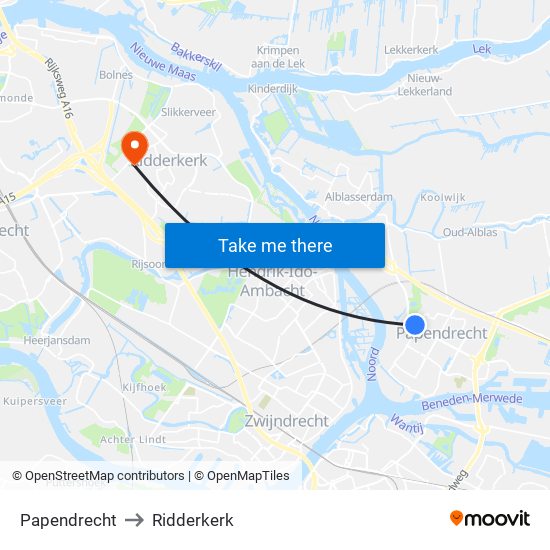 Papendrecht to Ridderkerk map