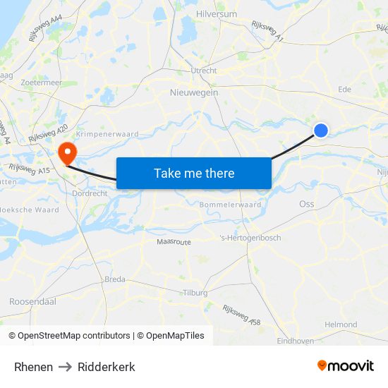 Rhenen to Ridderkerk map