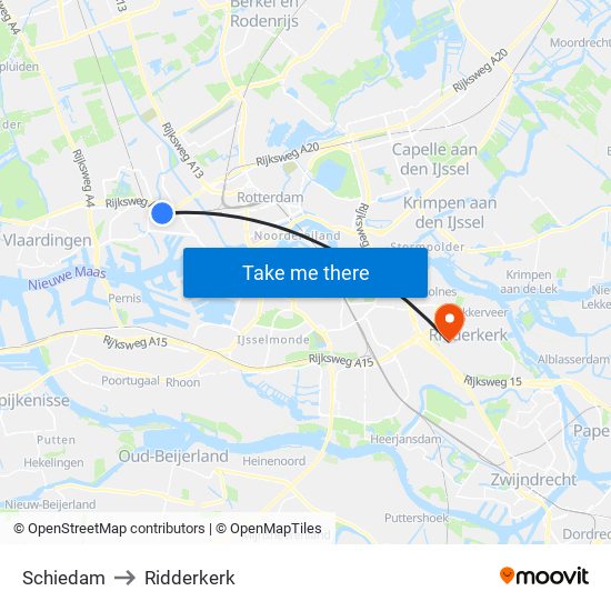 Schiedam to Ridderkerk map