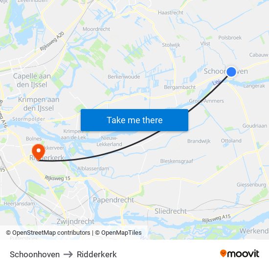 Schoonhoven to Ridderkerk map