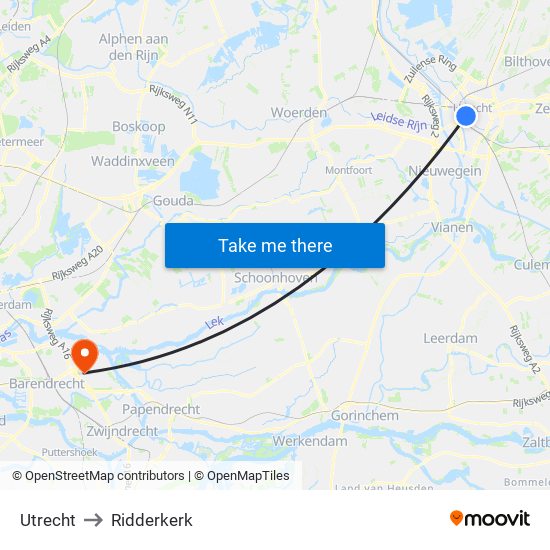 Utrecht to Ridderkerk map