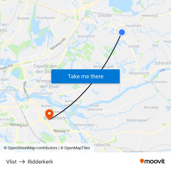 Vlist to Ridderkerk map