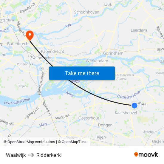 Waalwijk to Ridderkerk map