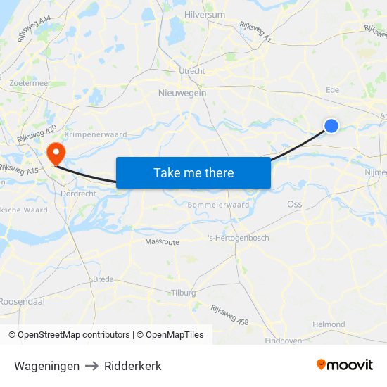 Wageningen to Ridderkerk map