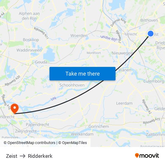 Zeist to Ridderkerk map