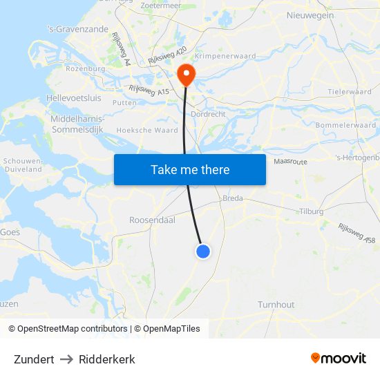 Zundert to Ridderkerk map