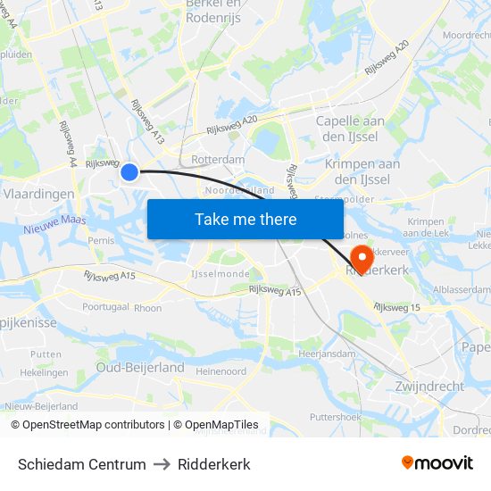 Schiedam Centrum to Ridderkerk map