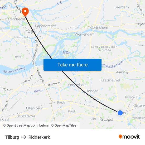 Tilburg to Ridderkerk map