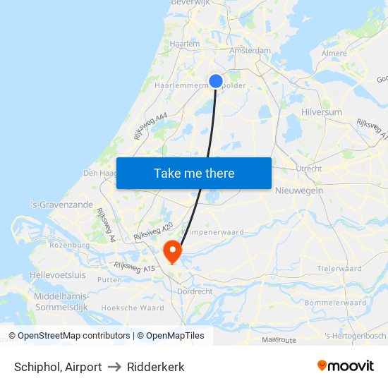 Schiphol, Airport to Ridderkerk map