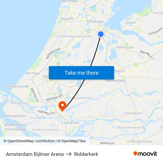 Amsterdam Bijlmer Arena to Ridderkerk map