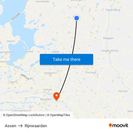 Assen to Rijnwaarden map