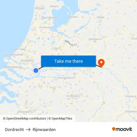 Dordrecht to Rijnwaarden map