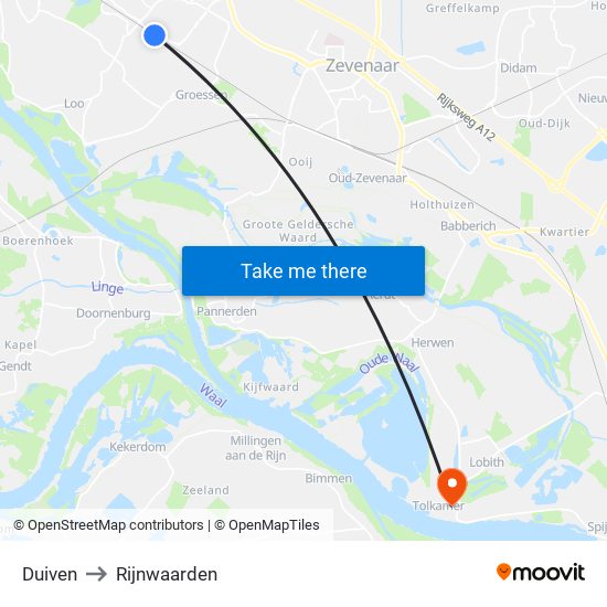Duiven to Rijnwaarden map