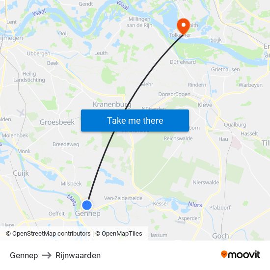 Gennep to Rijnwaarden map