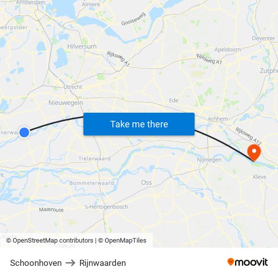 Schoonhoven to Rijnwaarden map