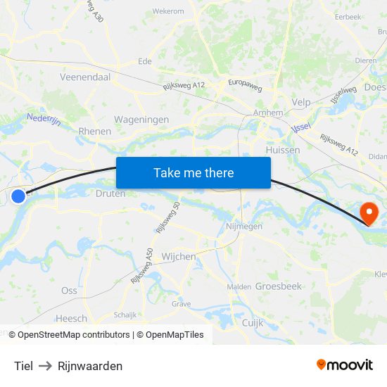 Tiel to Rijnwaarden map