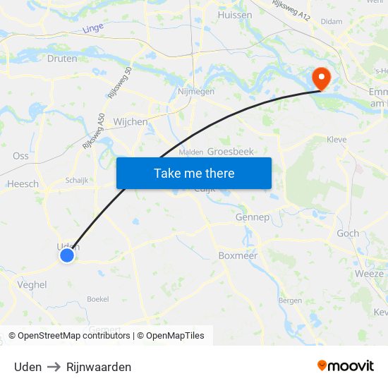 Uden to Rijnwaarden map