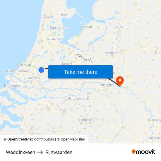 Waddinxveen to Rijnwaarden map