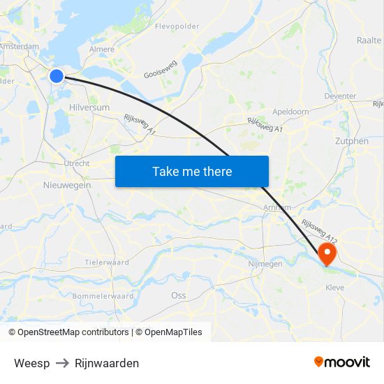 Weesp to Rijnwaarden map