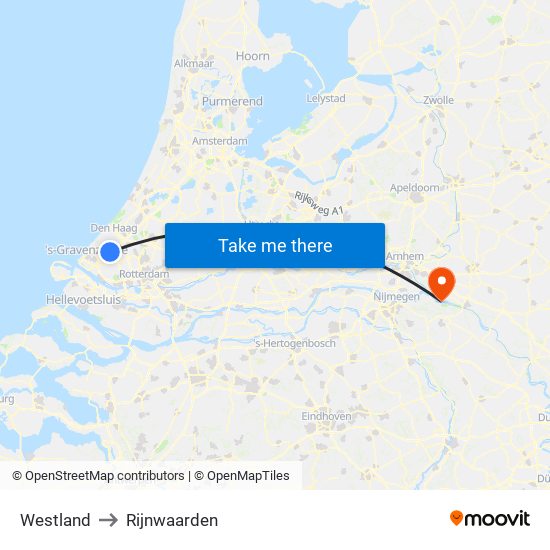 Westland to Rijnwaarden map