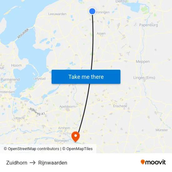 Zuidhorn to Rijnwaarden map