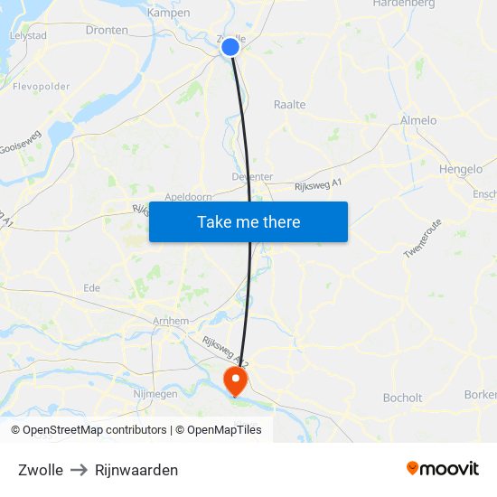 Zwolle to Rijnwaarden map