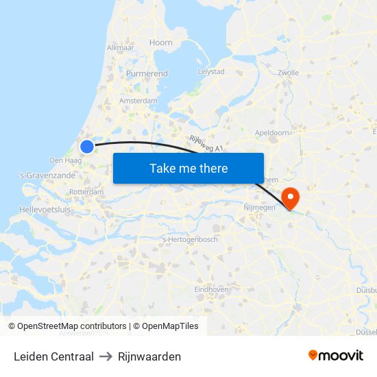 Leiden Centraal to Rijnwaarden map