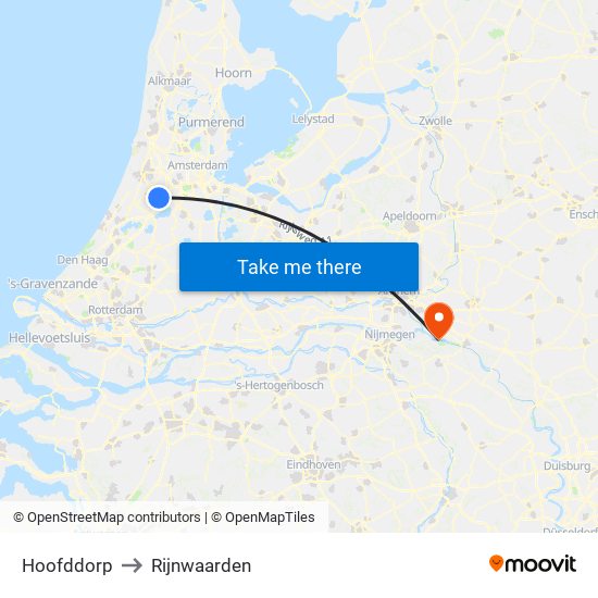 Hoofddorp to Rijnwaarden map