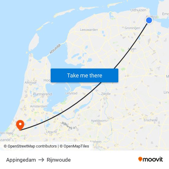 Appingedam to Rijnwoude map