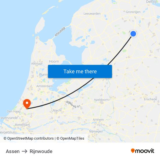 Assen to Rijnwoude map