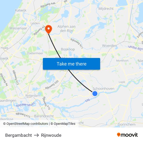 Bergambacht to Rijnwoude map